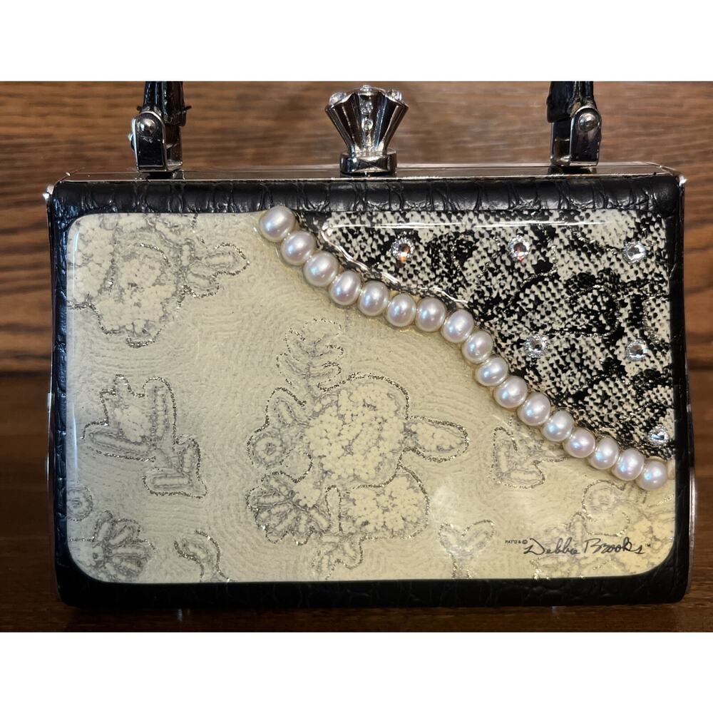 Debbie Brooks Black White Silver Mini Clutch Handbag Evening Bag Pearls - Picture 5 of 14